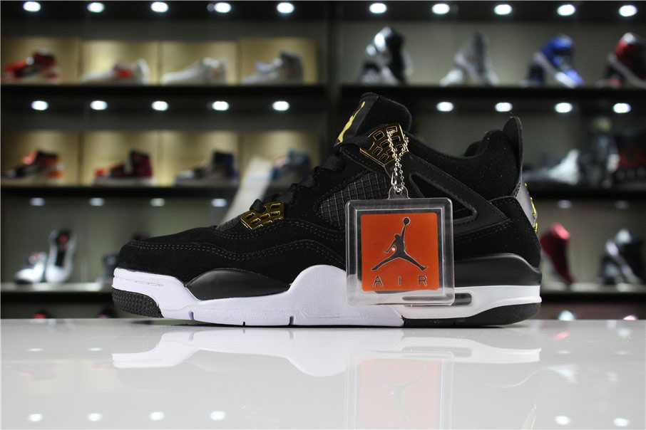 Mens and Womens Air Jordan 4 Retro Royalty Black/Metallic Gold-White 308497-032