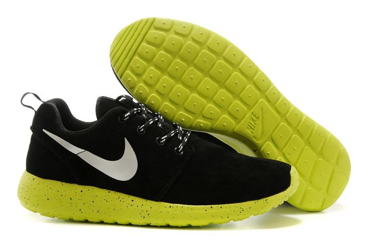 Cheapest Roshe Run Men's Shoes Suede Splash-ink Black/Green