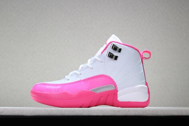 Kid's Air Jordan 12 Valentine's Day White/Dynamic Pink-Metallic Silver