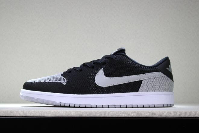 New Air Jordan 1 Low Flyknit Shadow Black/Wolf Grey-White Men's Basketball Shoes