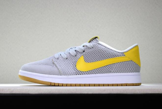 New Air Jordan 1 Low Flyknit Wolf Grey/Yellow-Gum Men's Basketball Shoes