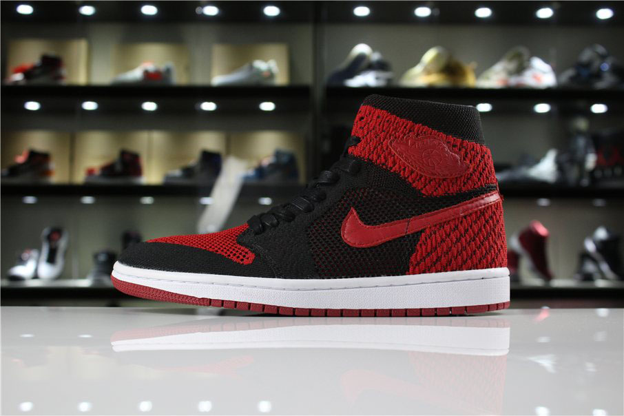 Men's and Women's Air Jordan 1 Retro High Flyknit Banned Black/Varsity Red-White 919704-001