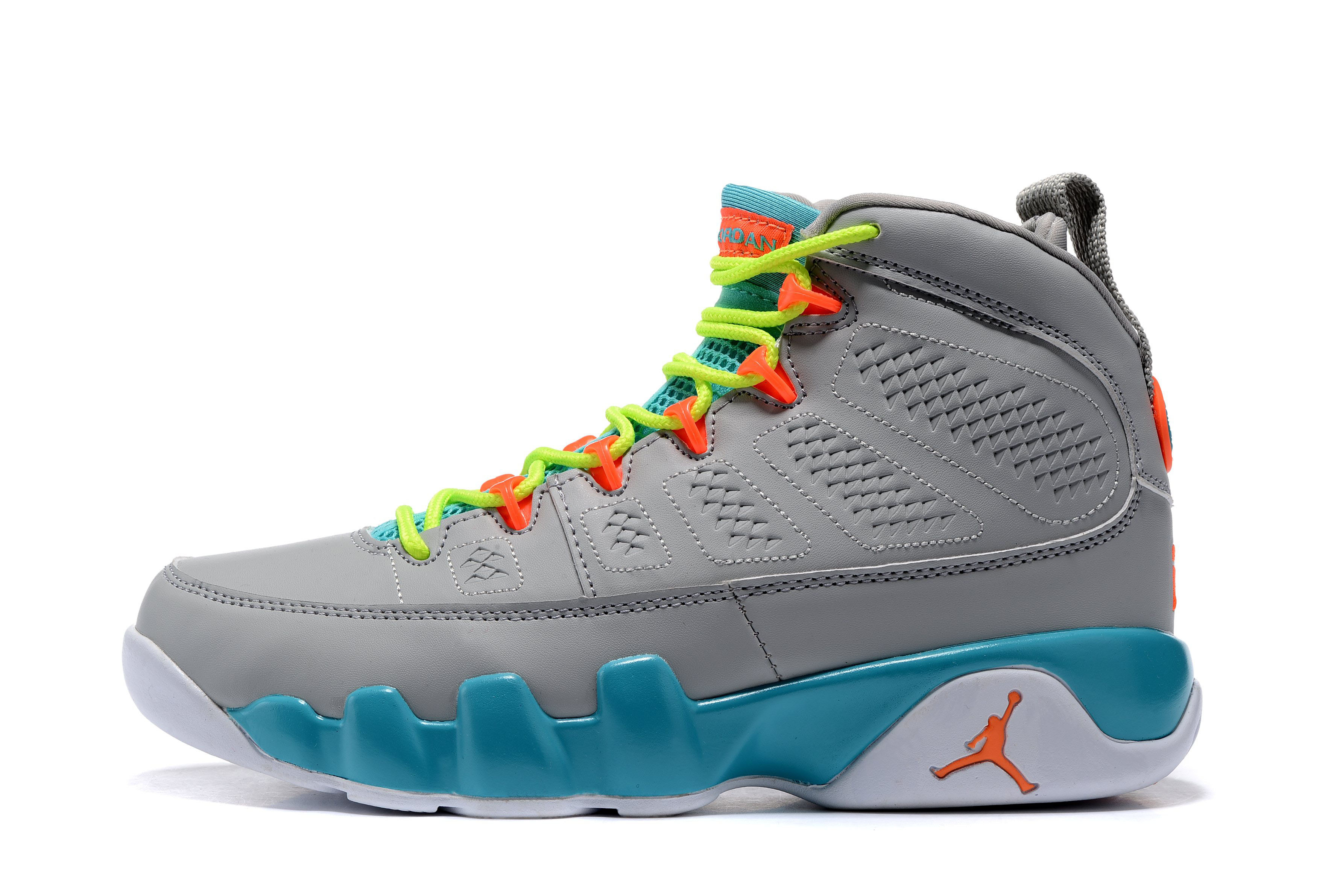 Women's Air Jordan 9 GS Wolf Grey/Orange/Green-White Free Shipping