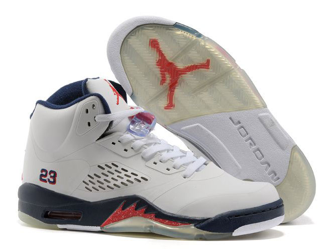 Women Air Jordan 5 & Jordan V White Varsity Red/Navy Blue