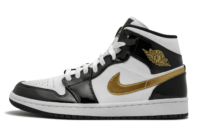 Cheap Air Jordan 1 Mid SE AJ1 Black/Gold Patent Leather 852542-007 For Sale